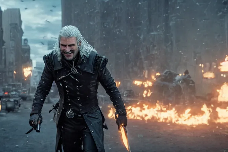 Prompt: vfx movie closeup modern suave handsome grinning vampire with long white hair, trench coat, dual wielding large revolvers, leaping into the air, low gravity in a shattered reality of new york city, cool aviators witcher show and game of thrones in new york by emmanuel lubezki