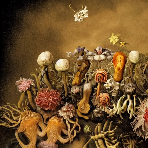 Image similar to disgusting disturbing dutch golden age bizarre mutant insect flower floral still life with many human toes realistic human toes blossoming everywhere very detailed fungus tumor disturbing tendrils bizarre slimy forms sprouting up everywhere by rachel ruysch black background chiaroscuro dramatic lighting perfect composition high definition 8 k 1 0 8 0 p
