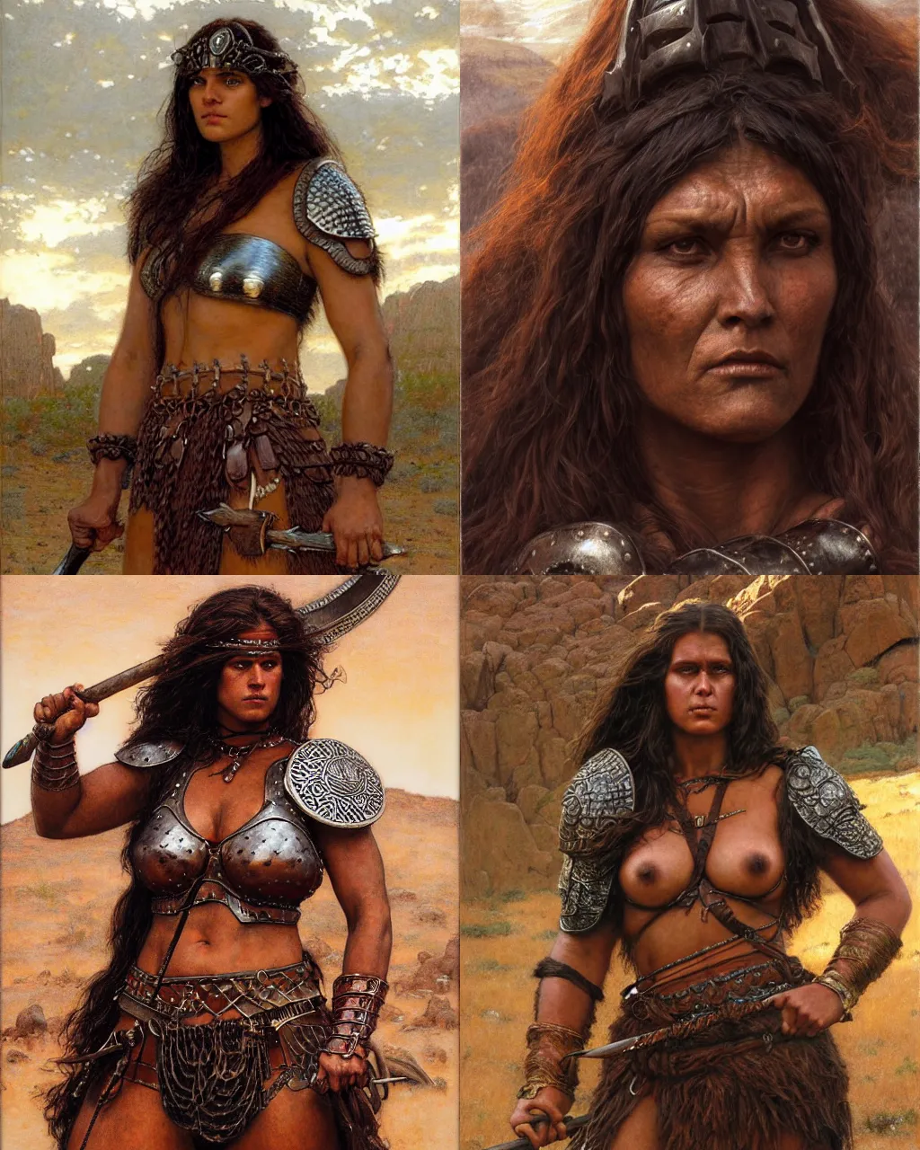 Prompt: portrait, large barbarian woman, scale mail, heavy looking powerful imposing, by john willian waterhouse, jeff easley, highly detailed, hyperrealistic, dark skin, desert lands, sharp focus, soft lighting, centered, sunlight