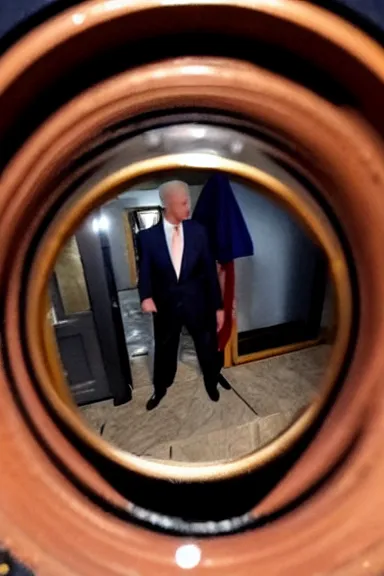 Image similar to a photo looking through the peephole of a door and seeing Joe Biden very close up