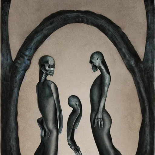 Image similar to enso, multiple exposure by chris leib manmade. in the center of the print is a large gateway that seems to lead into abyss of darkness. on either side of the gateway are two figures, one a demon - like creature, the other a skeletal figure.