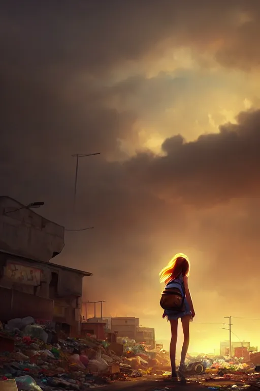 Prompt: beauty teenage girl minishort with backpack looking at food at garbage dump, destroyed cars, city is pure wasteland, moody sunset background, rays of sunlights, ( ( ( rainbow ) ) ), high details, sharp, photorealism, cinematic, greg rutkowski, alphonse mucha, trending on artstation, artgerm, unreal engine, highly detailed