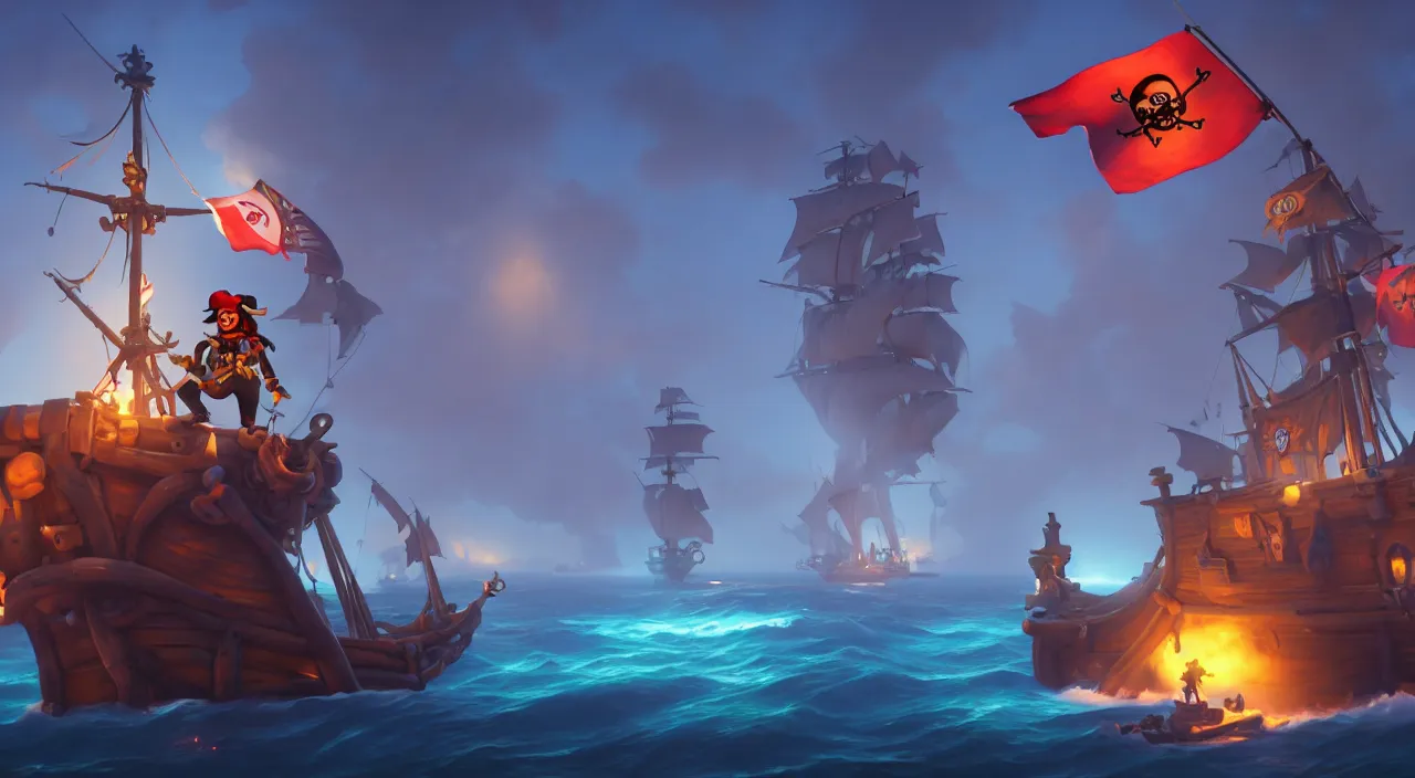 Image similar to a wide shot of a 3d cartoon pirate standing on the front of the ghost ship with the Jolly Roger flag in the middle of the ocean, volumetric lighting, fantasy art overwatch and heartstone, by RHADS, cgsociety, matte painting, artstation hq, octane render, 8k, 3D CGI game art