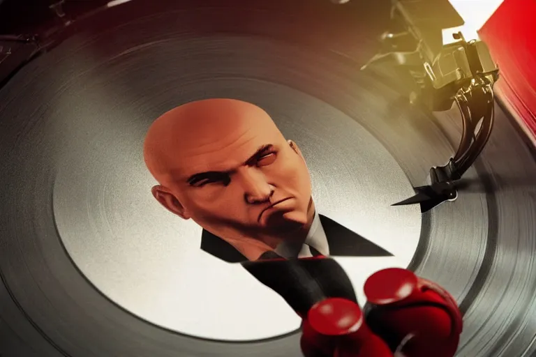 Prompt: an expressive portrait of agent 4 7 from hitman wearing headphones and putting a vinyl record onto a turntable, dark background, red rim light, digita, l