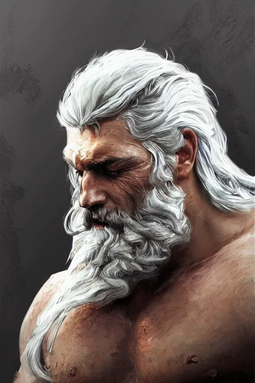 Image similar to painted portrait of rugged zeus, god of thunder, greek god, white hair, masculine, mature, handsome, upper body, muscular, hairy torso, fantasy, intricate, elegant, highly detailed, digital painting, artstation, concept art, smooth, sharp focus, illustration, art by gaston bussiere and craig mullins