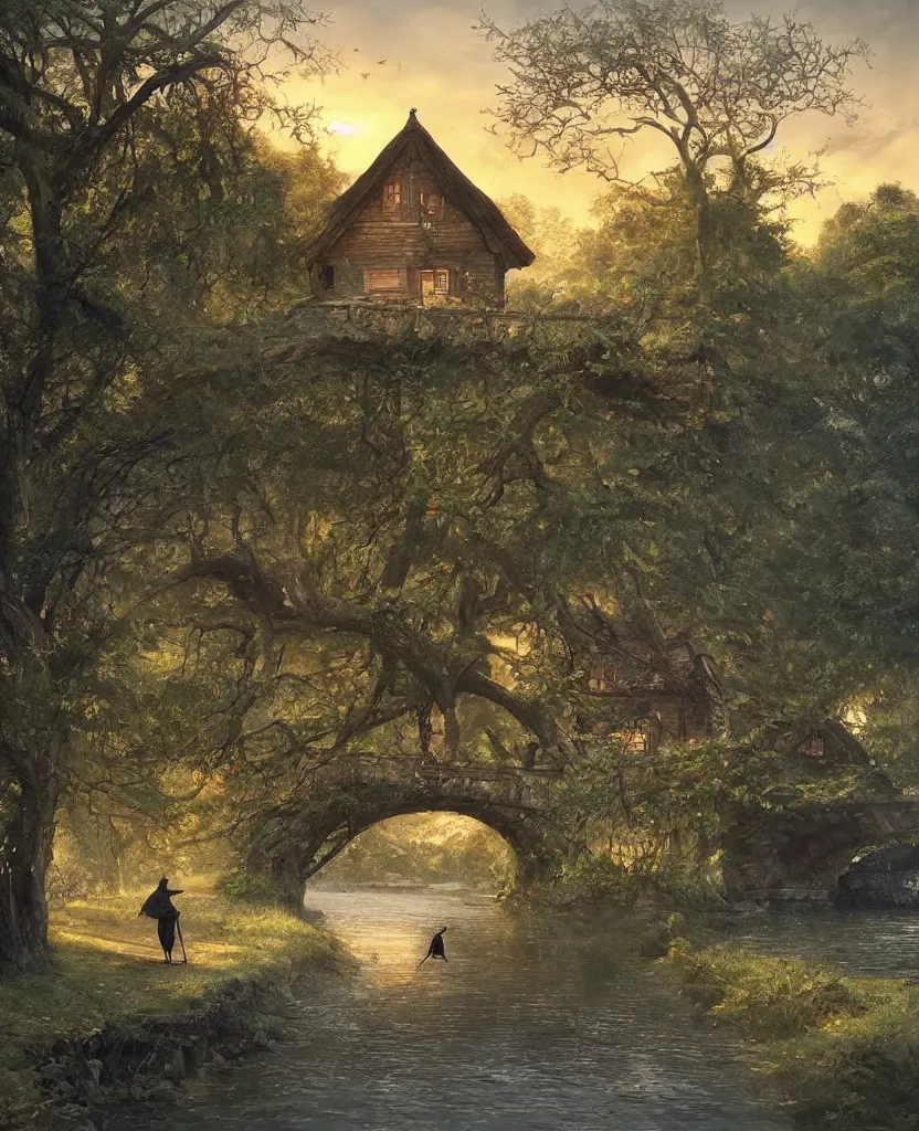 Image similar to small wooden cottage by the river, a tree with vines wrapped around it, two crows on the tree, tranquility, arch stone bridge over the river, an old man riding a horse on the bridge, sunset, by charlie bowater, by greg rutkowski