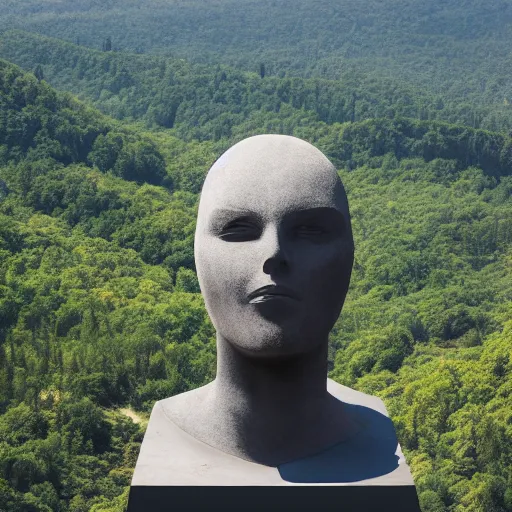 Prompt: gigantic weird concrete head bust in a mountain, surrounded by vegetation, perspective shot from the sky, realistic, by origiful, 4 k