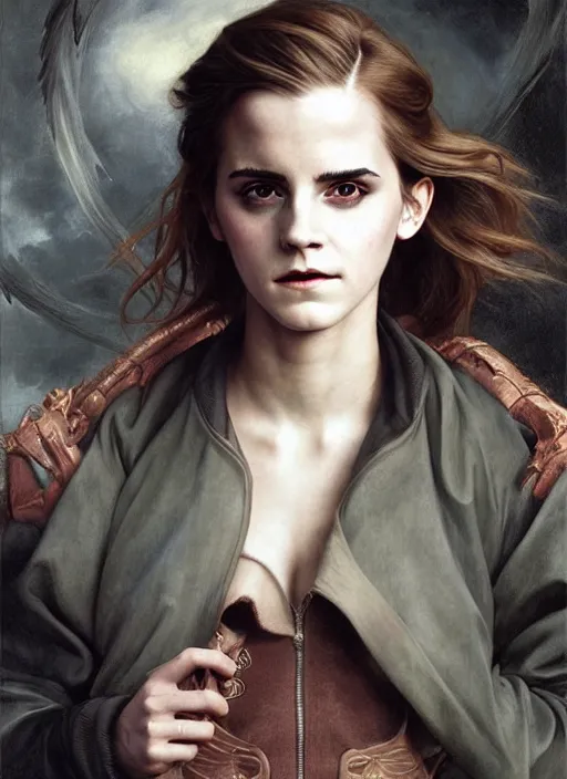 Image similar to emma watson portrait demon half human, elegant, wearing a bomber jacket, armor, hyper realistic, whitehorns, extremely detailed, dnd character art portrait, fantasy art,, dramatic lighting, vivid colors, artstation, by edgar maxence and caravaggio and michael whelan and delacroix, lois van baarle and bouguereau