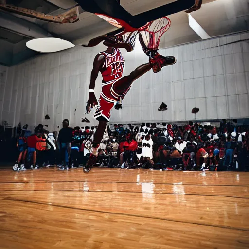 Prompt: michael jordan slum dunk photography