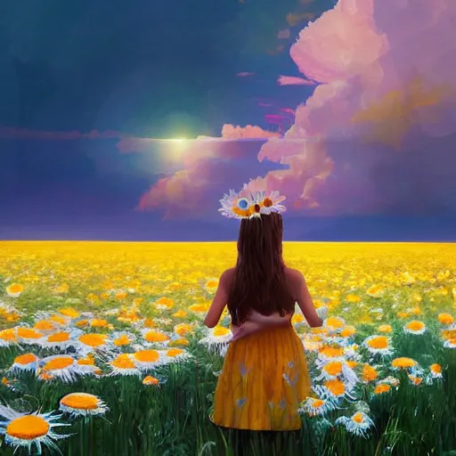 Image similar to head made of giant daisies, girl standing in a vast flower field, holding flowers, surreal photography, sunrise dramatic light, impressionist painting, colorful clouds, large sky, digital painting, artstation, simon stalenhag, flower face