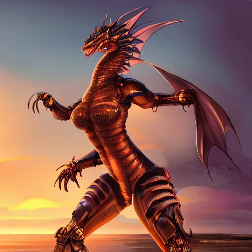 Image similar to realistic detailed stunning anthropomorphic female robot dragon doing an elegant pose, sleek streamlined armor and design, on the beach during sunset, high quality, artstation, deviantart, furaffinity