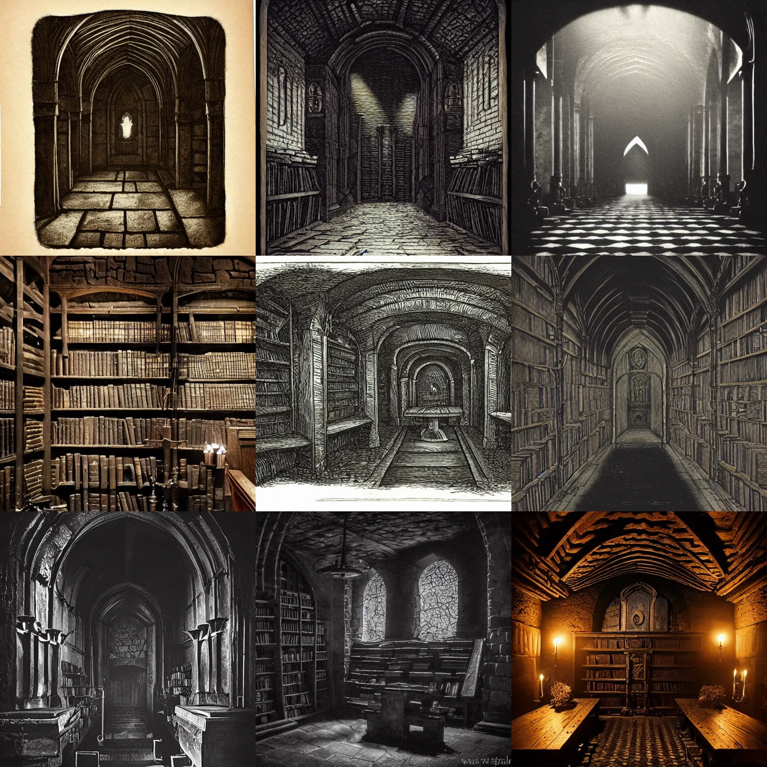 Prompt: dark crypt room with bookshelves filled with dark colored tomes and dark table with runes, dark stone walls and pillars, dark stone walls, gloomy, midnight, shadows, candlelight, ambrotype, cyanotype, dark academia, gothic art, style of Blade Runner 2049, calotype, daguerreotype, style of Game of Thrones, gothic, style of Lord of the Rings, style of Nosferatu, polaroid, style of Stranger Things, tintype