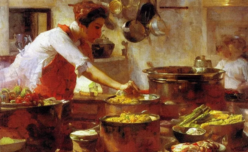 Image similar to high quality high detail painting by ilya repin, monster cooking in the kitchen, hd