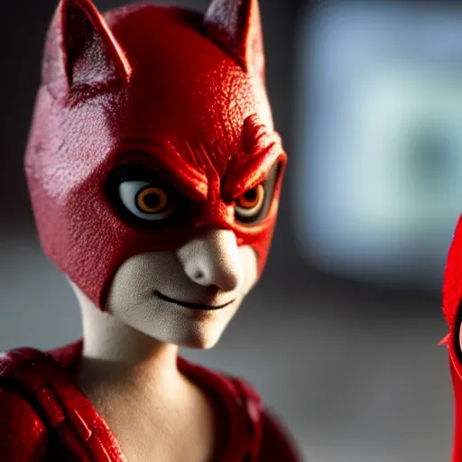 Prompt: a cinematic film still of a claymation stop motion film starring emma stone as red hood and andrew garfield as wolf, brunette hair, shallow depth of field, 8 0 mm, f 1. 8