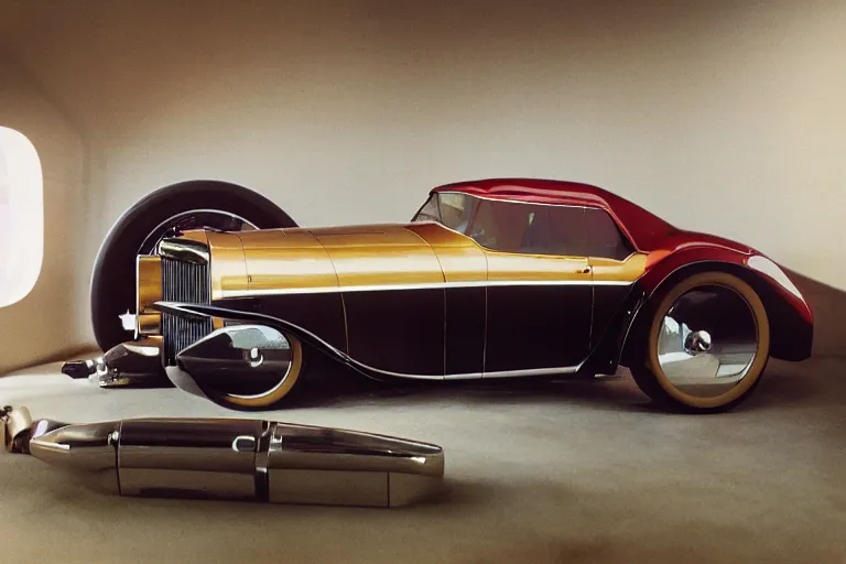 Image similar to single 2022 duesenberg concept, inside of a minimalist Tokyo garage, ektachrome photograph, volumetric lighting, f8 aperture, cinematic Eastman 5384 film