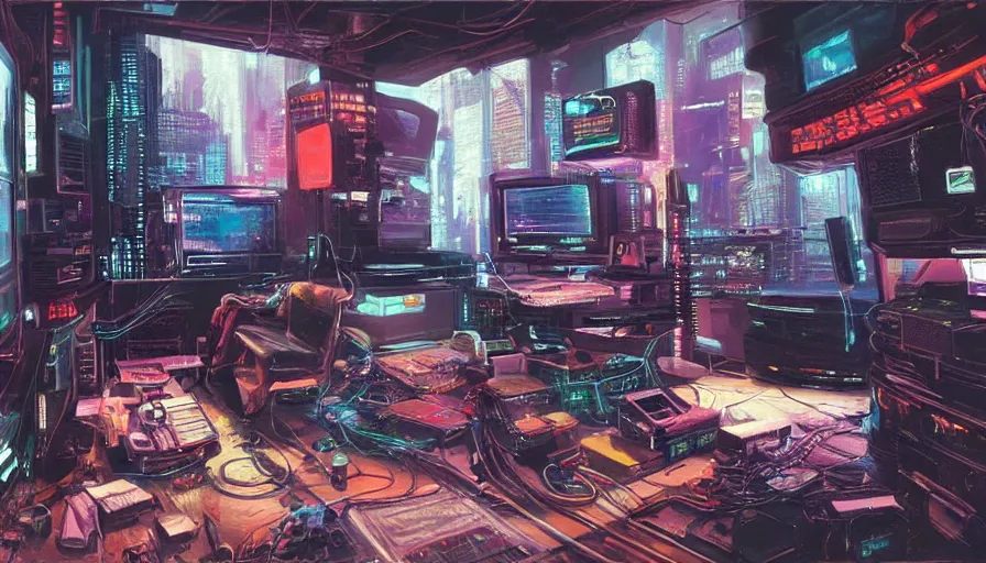 Image similar to A highly detailed rendering of a Cyberpunk hackers bedroom which has sophisticated hi-tech computers surrounded by messy cables, soft neon lighting, reflective surfaces, sci-fi concept art, by Syd Mead, highly detailed, oil on canvas