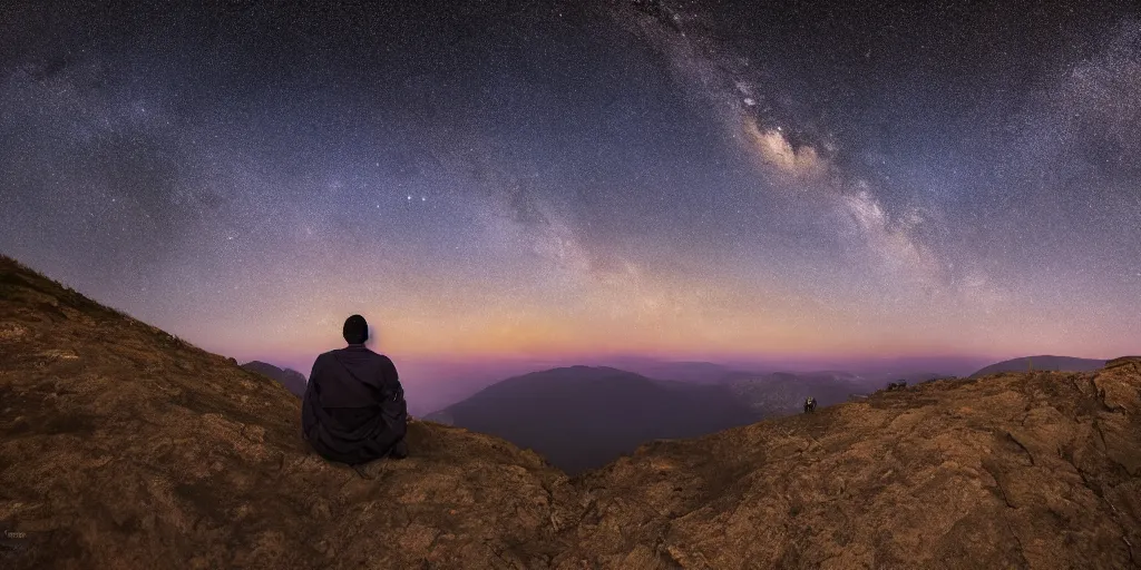 Prompt: a man staring in to the distant universe on a mountain, art, high definition, high detail, 8k