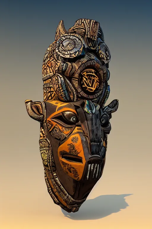 Image similar to totem animal tribal vodoo mask feather gemstone plant global illumination ray tracing hdr that looks like it is from borderlands and by feng zhu and loish and laurie greasley, victo ngai, andreas rocha, john harris