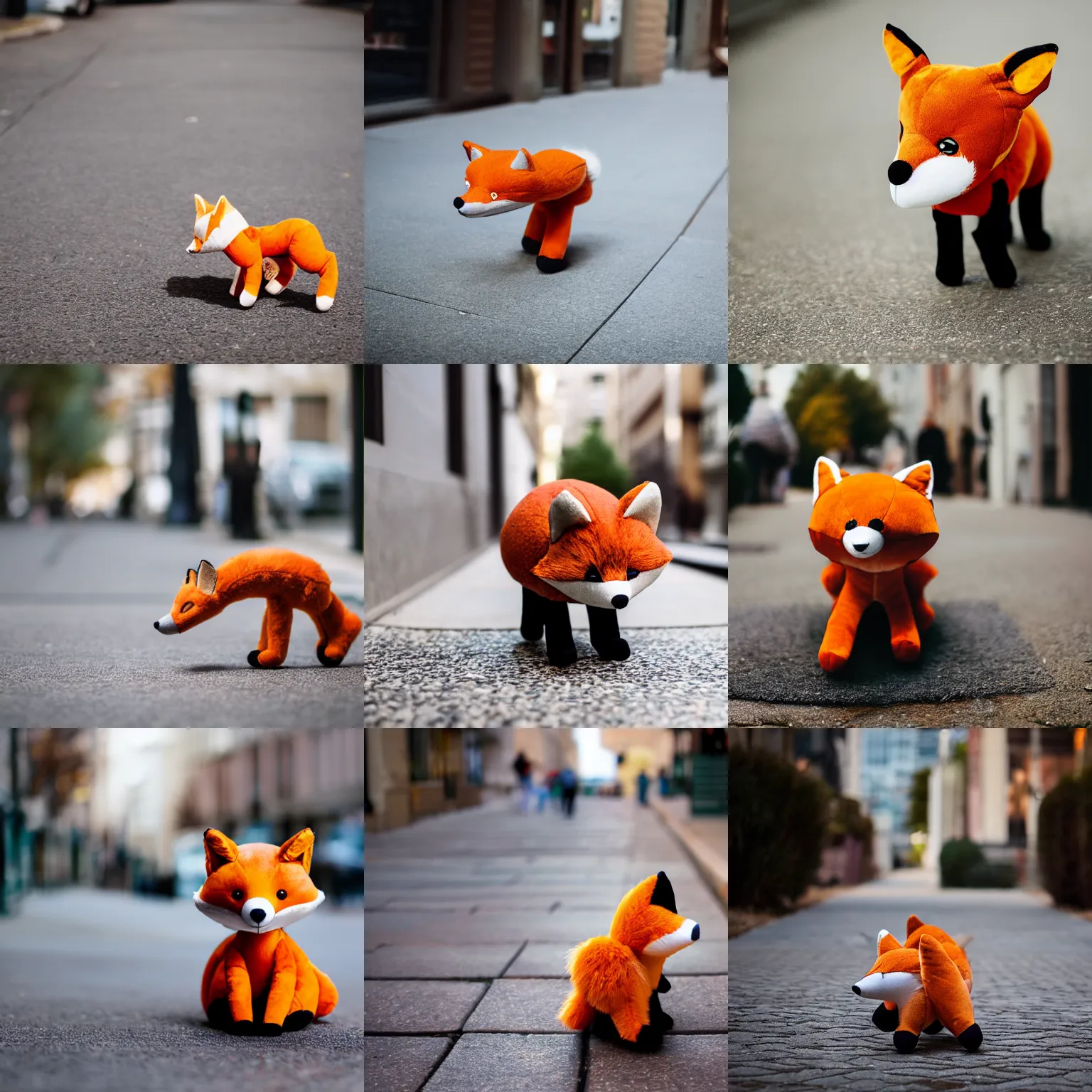 Prompt: A stuffed animal fox plushie pouncing on the sidewalk, Sigma 85mm Lens F/1.8, award winning photography