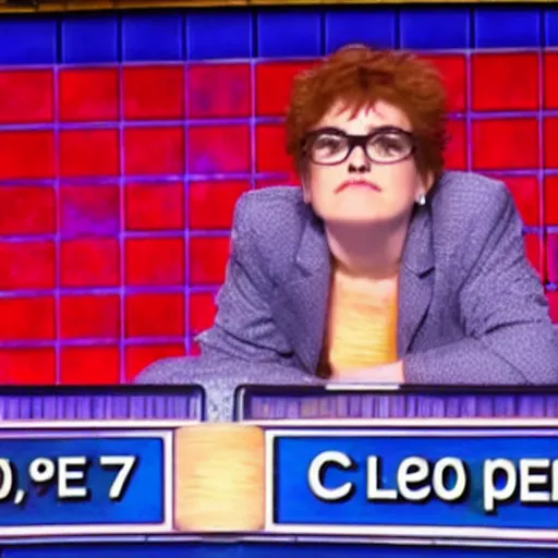 Prompt: calico cat is a contestant on the game show jeopardy and is ashamed of its low score