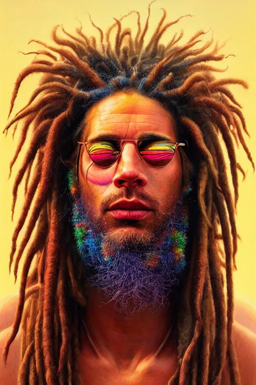 Image similar to hyperrealistic close - up portrait of psychedelic colorful acid neuro - shaman dreadlocks hippy highly detailed concept art eric zener elson peter cinematic hard lighting high angle hd 8 k sharp shallow depth of field, inspired by denis villeneuve and zdzisław beksinski