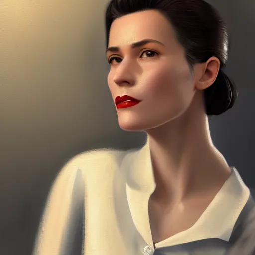 Image similar to A videogame portrait of a Spanish young woman in her 40's with high cheekbones. Good bone structure. Dressed in 1940s style. Highly detailed, fine Art, high detail, great lighting, 8k resolution, masterpiece, concept art, illustration, clear eyes, painting oil on canvas, octane render, HDR, trending on artstation, 4k, 8k, HD