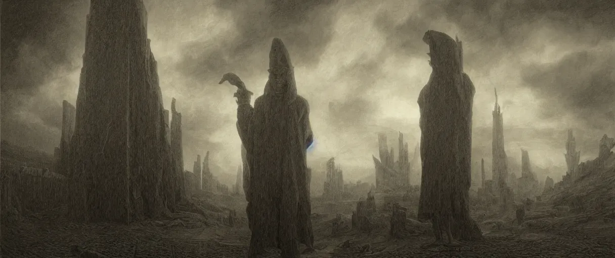 Image similar to an engraving portrait of nyarlathotep, lovecraftian atmosphere, caspar david friedrich, foggy, depth, strong shadows, stormclouds, illuminated focal point, highly detailed