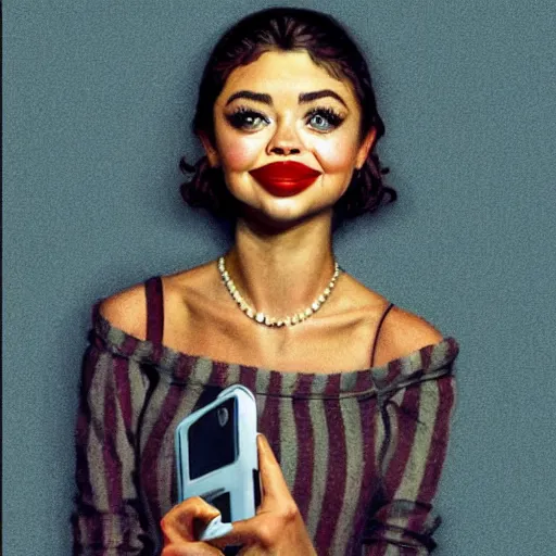 Image similar to sarah hyland making a duckface selfie, art by norman rockwell