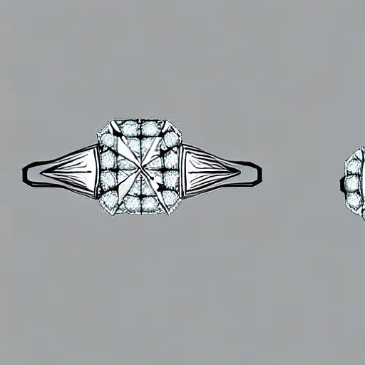 Image similar to sketch of engagement ring with two smaller diamonds outside and one bigger diamond in the middle, detailed, concept art, victorian, schematic