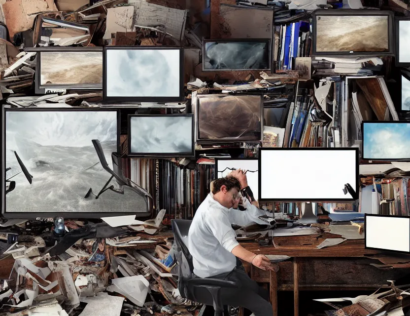 Image similar to a high resolution photo of a sad man in a messy office room with many screens photoshopping his own face while watching the collapse of the entire universe live stream on a vintage computer screen, storm, fire, earthquake, debris,