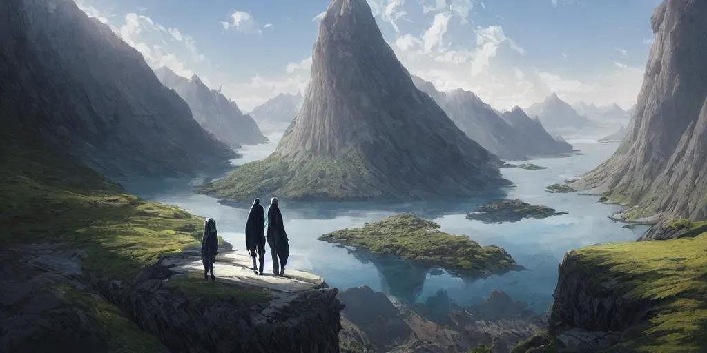 Image similar to fantasy world, in the middle is a huge lake with a little plain around it, behind it are mountains and rivers, art by artgerm and greg rutkowski, ilya kuvshinov, yoji shinkawa, intricate, elegant, sharp focus, illustration, highly detailed, concept art, matte, trending on artstation, anime, beautiful sunlight and shadows