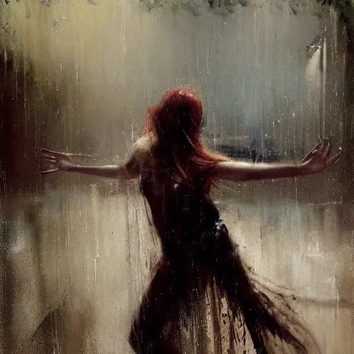 Prompt: painting of a beautiful goddess, dancing in the rain, by Jeremy Mann, detailed, stylized, loose brush strokes, intricate, realistic, exaggerated lighting, sense of scale, free, melancholy