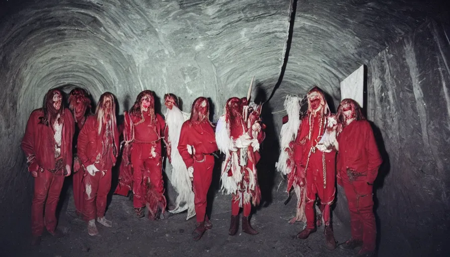 Image similar to high realistic photo portrait of esoteric tribes members with taxidermic flesh bloody jaw and elaborate red clothes in a empty tunnel, cinestill 800t 35mm, heavy grain, high quality,