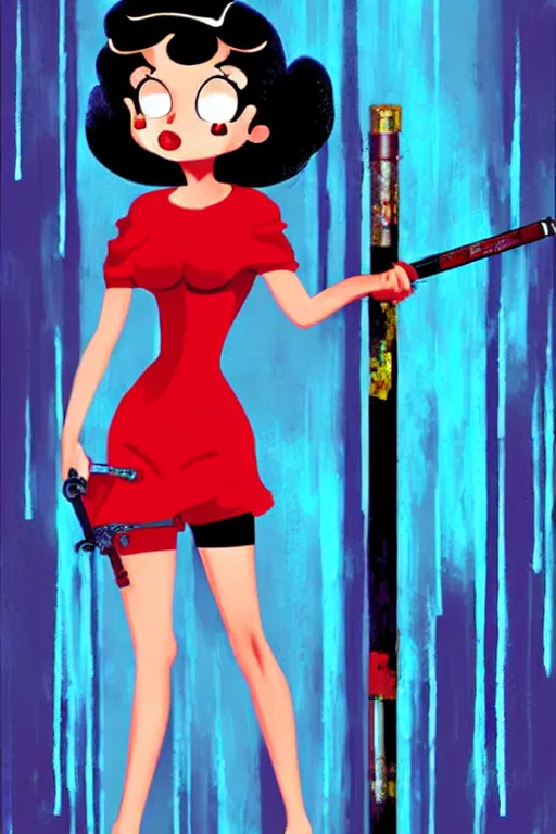 Image similar to betty boop in blade runner, smoking a cigarette holding a sword in the rain. digital art, retro cyberpunk