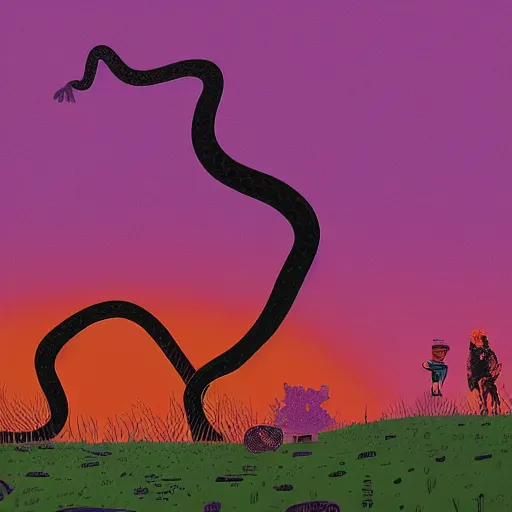 Prompt: a orange and black snake in purple field simon stalenhag high detail