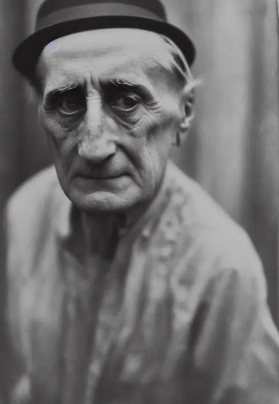 Image similar to a close - up casual photo of marcel duchamp with pensive eyes, 1 9 2 0 s monochrome snapshot, graflex 4 x 5, f 1. 8, 3 5 mm, ilford delta 3 2 0 0 pro