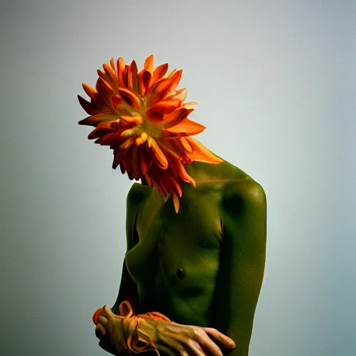 Image similar to a flower / human hybrid, studio medium format color photo