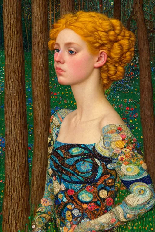 Prompt: portrait of a realistic ethereal woman with blond hair covering one eye with one hand, wearing a mosaic dress in the forest at night, in the style of john william godward and gustav klimt, intricate details, colorful, high detail, 8 k, art nouveau, face symmetry, masterpiece, sharp focus