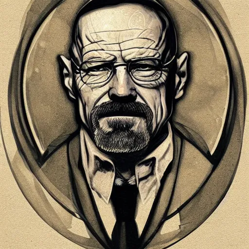 Prompt: a highly detailed portrait of walter white in the style of charles dana gibson and in the style of peter mohrbacher. glowing rune of magical power.