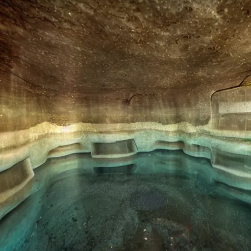 Prompt: photo of a bizarre oddly-shaped interior with shallow water everywhere