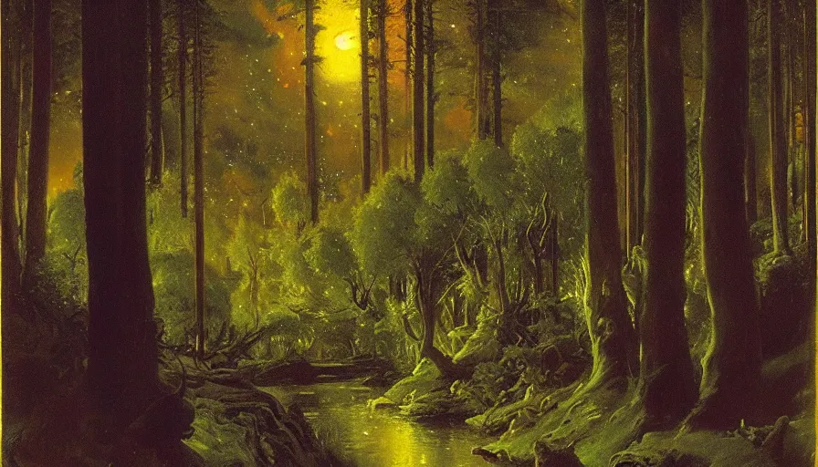 Image similar to disney illustrated background of a fantasy forest at night by eugene von guerard, ivan shishkin, john singer sargent