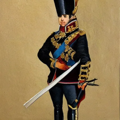 Prompt: A painting of a rabbit wearing a napoleon-era officer's uniform