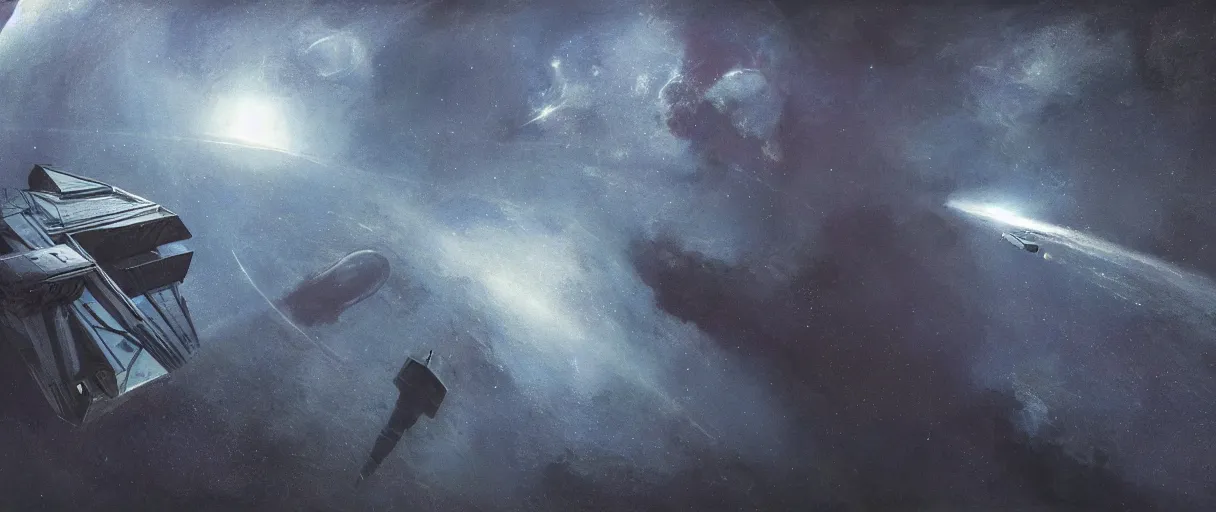 Image similar to concept art, a single lonely spaceship drifting in space, exploring the void, the expanse tv series, industrial design, lost in the immensity of space, spatial phenomenon, space debris, cinematic lighting, 4k, greebles, widescreen ratio, wide angle, beksinski, sharp and blocky shapes