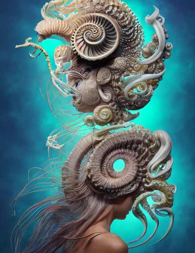 Image similar to 3 d goddess nautilus half - turn portrait with long hair with ram skull. beautiful intricately detailed japanese crow kitsune mask and clasical japanese kimono. betta fish, jellyfish phoenix, bio luminescent, plasma, ice, water, wind, creature, artwork by tooth wu and wlop and beeple and greg rutkowski