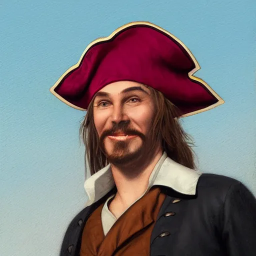 Image similar to a happy smiling loving pirate captain gazing into the horizon in the style of mary jane ansell.