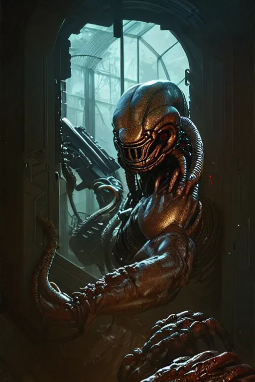 Image similar to ultra realistic, predator watches from within a dark room, slimy, sci - fi, intricate details, eerie, highly detailed, octane render, 8 k, art by artgerm and alphonse mucha and greg rutkowski