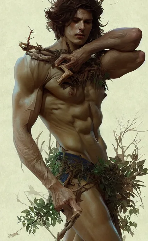 Image similar to young god of the forest, male, gorgeous, detailed face, anatomically correct hands!!!!!!, amazing, thighs!!!!!!, muscular, intricate, highly detailed, digital painting, artstation, concept art, sharp focus, illustration, art by greg rutkowski and alphonse mucha