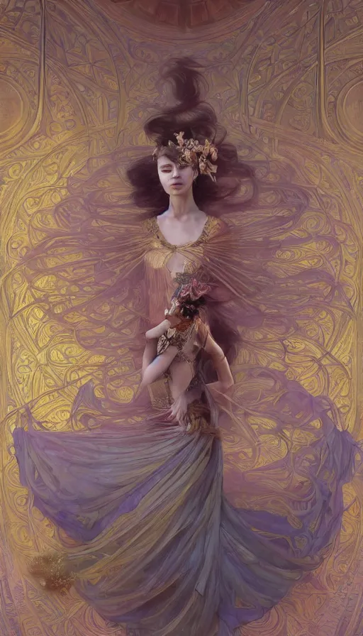 Prompt: dance meditation, madison beer, long beautiful voluminous medieval court dress with train and embroidered flowers, highly detailed, glowing, action pose, cinematic, art deco, gold filigree, ethereal, alfonso mucha, zdzisław beksinski, andrei ryabovichev, shaun tan, chriss foss, peter mohrbacher, 4 k