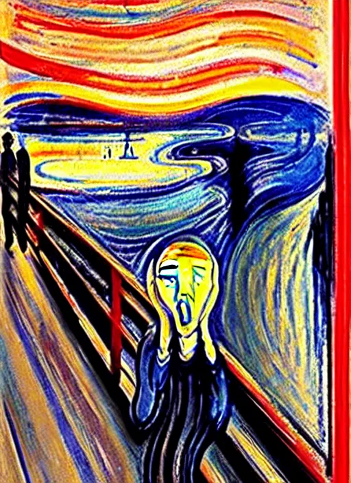 Image similar to oil painting of The Scream !!taking a seflie!! with an iPhone!! by Edvard Munch