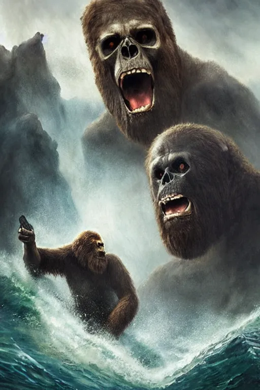 Prompt: movie poster, realistic photographed oil panting of skull island, suicidegirls surfing, dead bodies, ghosts, supernatural colors, beautiful, dappled silver lighting, epic, atmospheric, highly detailed, horrific, 8 k, art by art by artgerm and greg rutkowski and edgar maxence